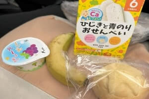 【お子様向け機内食の一例】写真はJALの日本出発便の幼児向けスナック。お食事以外に軽食が出ることも。いつも食べなれているオヤツがあれば機内用に別途持参もお勧めです。